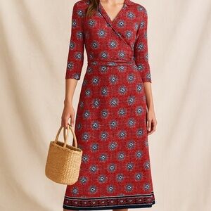 Max Studio Red Floral Wrap Dress L 3/4 Sleeve Stretch Boho Midi